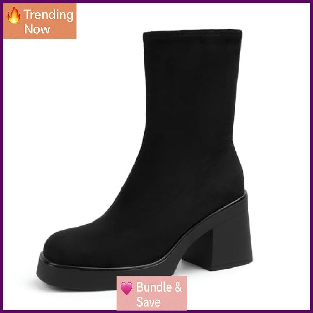 Square Toe Platform Booties Suede Zip Chunky Heel… - image 2